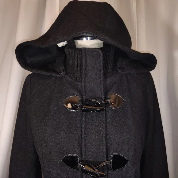 Guess Wool Pea Coat, Women Hooded, Black ButtonUp Pockets, Collar, Lining, S/M - Picture 7 of 15